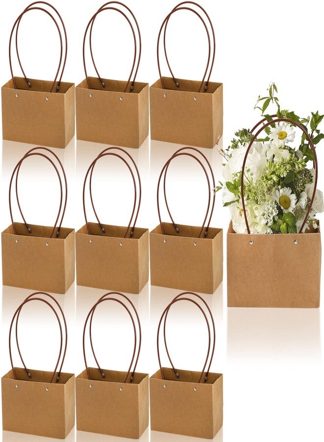 DEAYOU 10-Pack Kraft Paper Flower Gift Bags, Brown Bouquet Bag Box with Handle, Small Brown Paper Carrier Tote Bags with Waterproof Lining for Floral Arrangements, Party Favor, Ultra Thick - Image 1